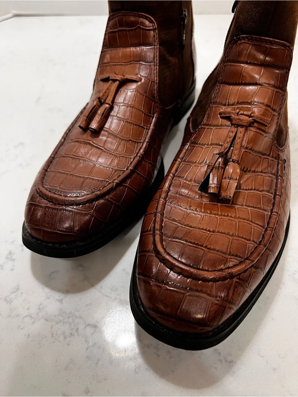 Men's Brown Croc-Embossed Tassel Chelsea Boots
